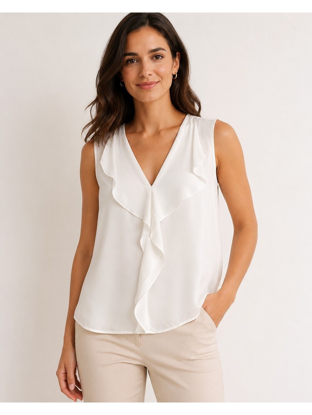 LOFT Cream Sleeveless Ruffle V Neck Blouse Mixed Media Top Womens Medium NWT
